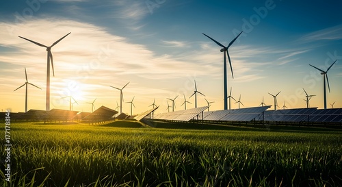  realistic DSLR photo of solar panels and wind turbines under blue sky, sunlight flare through clouds