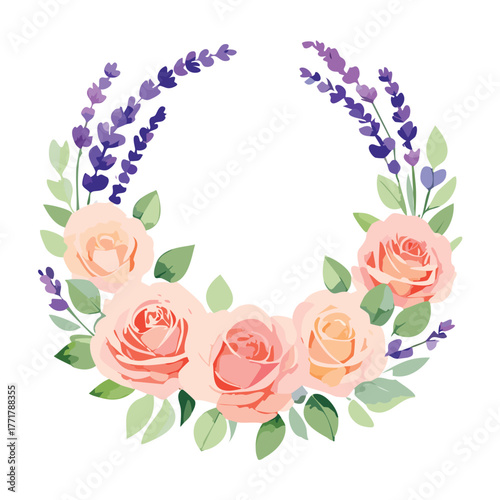 A vintage romantic floral border design featuring a beautiful pink rose bouquet with green leaves and blossoms for a Valentine or wedding day card illustration