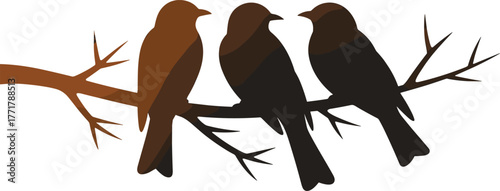 Three Bird Silhouettes on a Branch Vector Illustration in Brown Tones