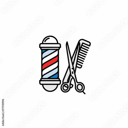 Classic barber pole with scissors and comb, symbolizing vintage grooming and hairstyling.