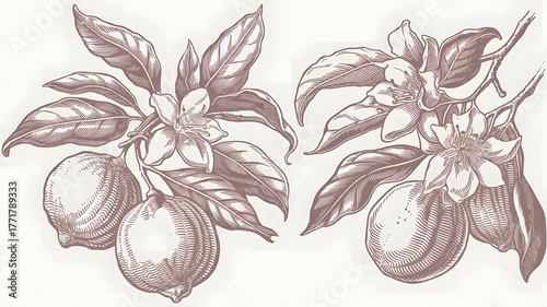 A vintage-inspired, monochrome botanical-style line art of citrus fruits on branches, with lemons an