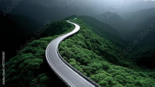 Winding mountain road connecting the distance symbolizes development and breakthrough