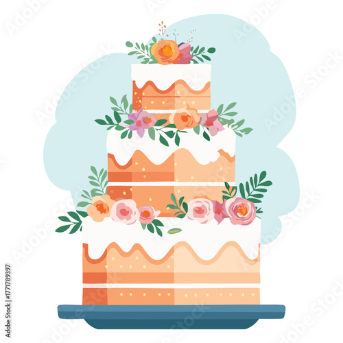 Delicious birthday cake with candles and floral wedding cake vector illustration featuring sweet cream decoration for a happy celebration bakery card design