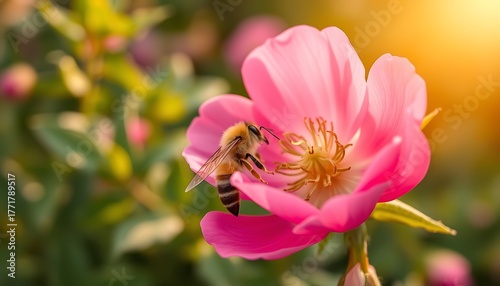 Honeybee collecting nectar from a vibrant pink flower in warm sunlight insect