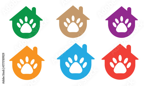 Colorful pet house icon set  vector home symbols with paw prints in green, orange, blue, purple, and brown for pet care, animal shelter, and veterinary logo design projects.