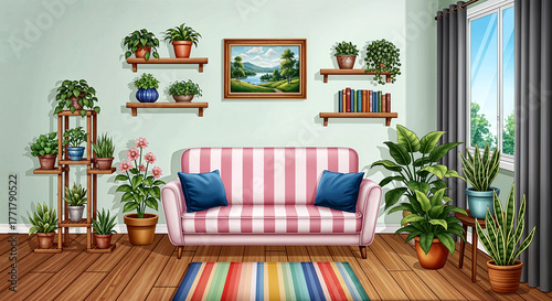 Cozy Living Room with Pink-Striped Sofa, Colorful Rug, Wall Shelves, and Abundant Potted Plants Framed by a Bright Window View
