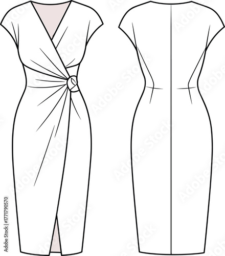 Vector women’s dress illustration, wrap bodice design, deep V‑neckline, cap sleeve detail, gathered waist with ring, draped skirt, fashion CAD template, sewing pattern sketch