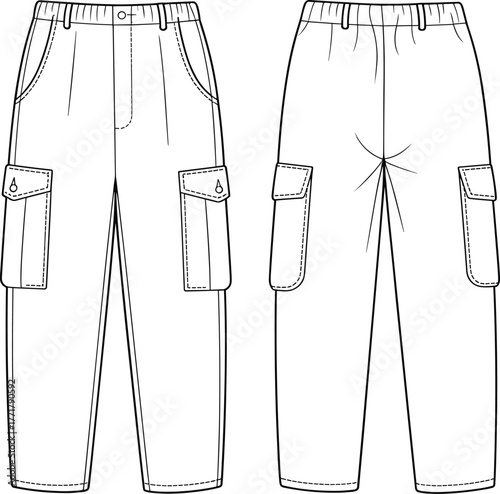 Vector cargo pants illustration, front and back view, flap pocket detail, belt loop waistband, button and zipper closure, fashion CAD template, garment construction reference