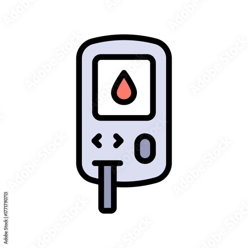 Blood glucose meter test color icon. Testing strip diabetes. Glucose monitor, glucometer pharmacy, chronic, treatment vector symbol.