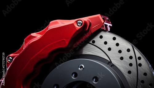 High performance red brake caliper with drilled brake disc closeup