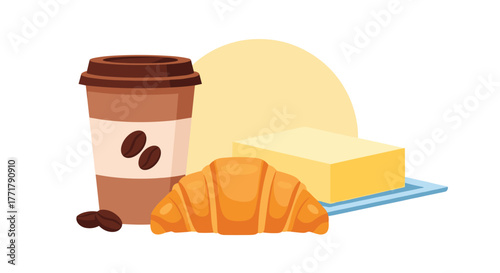 A simple and inviting breakfast or coffee break scene with a takeaway coffee cup, a fresh croissant, and a block of butter on a dish.