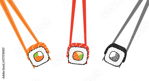 Sushi rolls held by chopsticks in orange, red, and gray colors, isolated on a white background, a concept of Asian cuisine.