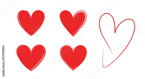 Hand-drawn red heart doodles on a white background, symbolizing love, romance, and affection, perfect for Valentine's Day or expressing feelings.