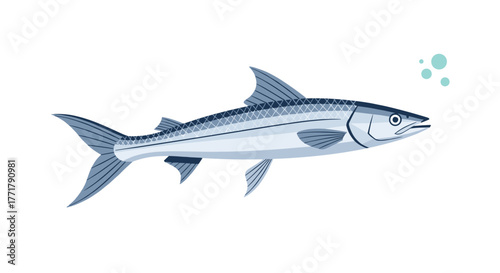 Illustration of a slender, silvery fish swimming with bubbles in clear water.