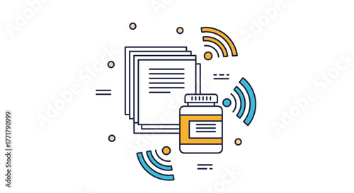 Illustration of a pill bottle and stacked documents with Wi-Fi signals radiating outwards.