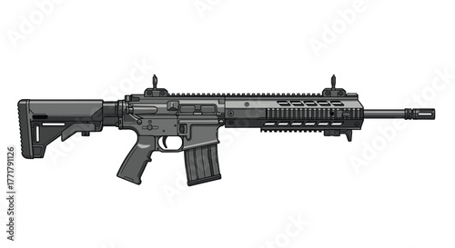 Realistic illustration of a modern semi-automatic assault rifle, showcasing tactical components and design detail.