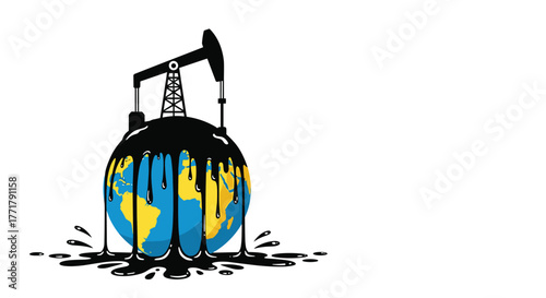 An oil pumpjack drills into the Earth, causing crude oil to spill and cover the planet, symbolizing global environmental pollution and fossil fuel dependence.