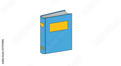 A cartoon illustration of a blue book with yellow labels, ready for knowledge and learning on a white background, isolated perspective view, ideal for educational content, and design.