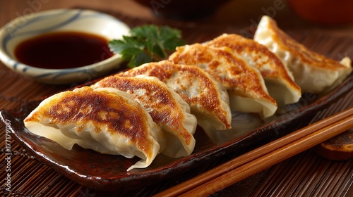 A tantalizing serving of pan fried dumplings served with soy dipping sauce