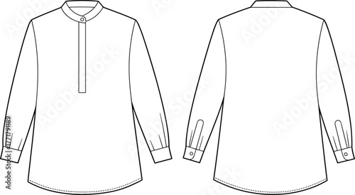 Vector long sleeve shirt illustration, band collar design, front and back view, fashion CAD template, garment construction detail, sewing pattern reference, tailoring sketch