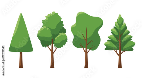 Stylized cartoon trees illustration showcasing a diverse selection of green woodland vegetation and tree types in a simplified graphic style.