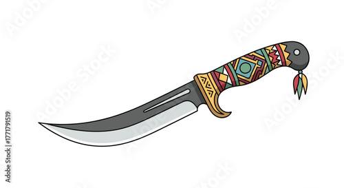 A stylized illustration of a curved blade knife, featuring a richly decorated handle with colorful ethnic patterns and a small tassel at the pommel.