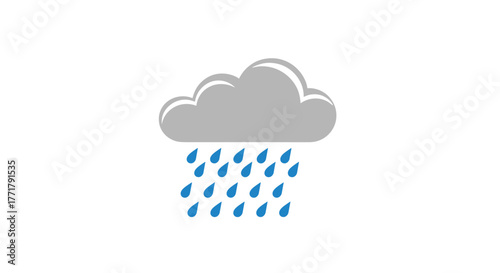 A simple graphic illustration featuring a gray cloud with an outline, raining numerous blue raindrops, representing weather and precipitation.