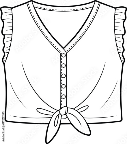 Vector sleeveless crop top illustration, ruffled shoulder detail, button front design, tied knot hem, fashion CAD template, garment construction reference, sewing pattern sketch
