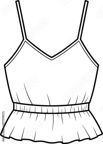 Vector sleeveless top illustration, spaghetti strap design, V‑neckline detail, cinched waist, ruffled peplum hem, fashion CAD template, garment construction reference, sewing pattern sketch