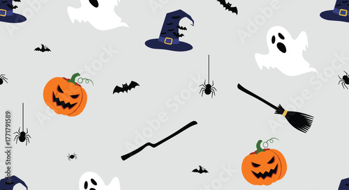 Seamless pattern of Halloween icons including ghosts, pumpkins, bats, witch hats, and brooms on a gray background.