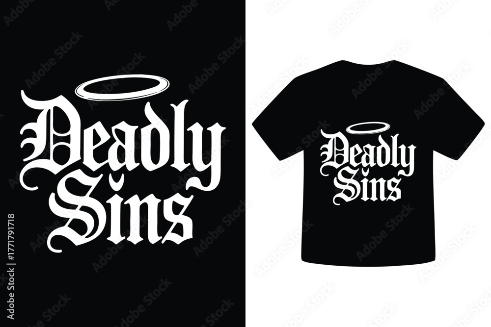 Ταπετσαρία Gothic style deadly sins text design with halo on black t shirt mockup