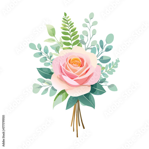 Pink vintage rose flower vector illustration featuring a floral blossom design with nature leaves for a wedding decoration bouquet or spring card pattern