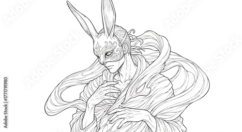 Intricate line art portrait of a mysterious character adorned with an elegant rabbit mask, surrounded by flowing ethereal fabric, evoking a sense of fantasy and wonder