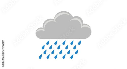 A visual representation of a gray cloud with rain drops against a white background, symbolizing rainy weather conditions.