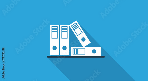An illustration of white office file folders on a shelf against a blue background, with a long shadow.