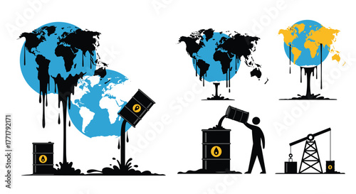 Illustrative images depicting environmental concerns related to oil spills and fossil fuel extraction, with visual metaphors of the Earth being polluted by black crude oil.