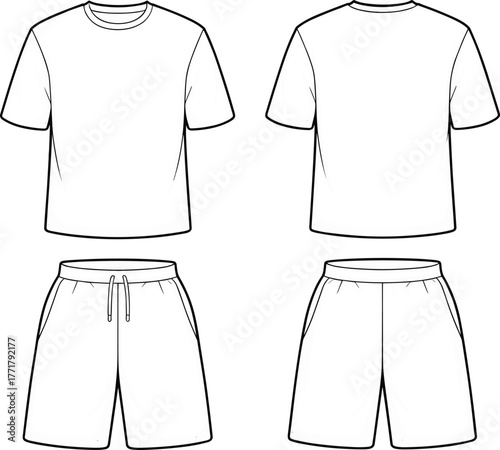 Vector casual outfit illustration, plain T‑shirt front and back view, elastic waist shorts with drawstring, fashion CAD template, garment construction reference, sewing pattern sketch