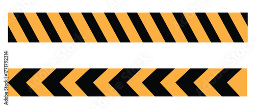 Yellow and black caution tape set  diagonal and arrow striped warning barrier design for construction, safety sign, hazard zone, and industrial alert vector projects.