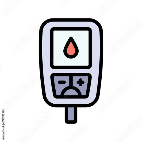 Blood glucose meter test color icon. Testing strip diabetes. Glucose monitor, glucometer pharmacy, chronic, treatment vector symbol.