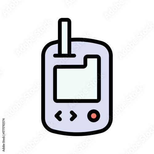Blood glucose meter test color icon. Glucose monitor, glucometer pharmacy, testing strip diabetes, chronic, treatment vector symbol.