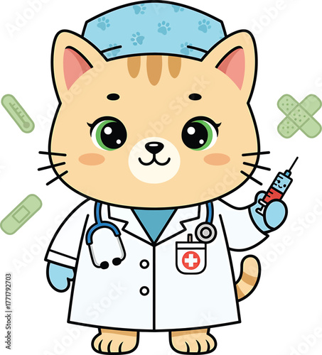 Cute cartoon cat doctor wearing scrubs and holding syringe medical stethoscope
