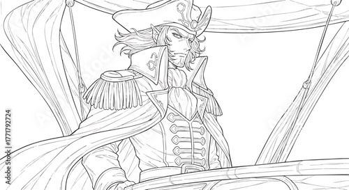Intricate line art illustration of a dashing pirate captain adorned in a detailed naval uniform and tricorn hat