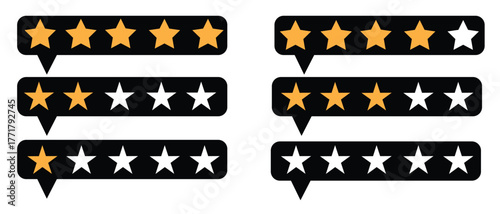 Star rating icon set  black and gold feedback bar design with one to five stars for review system, customer rating, UX design, and online business evaluation.