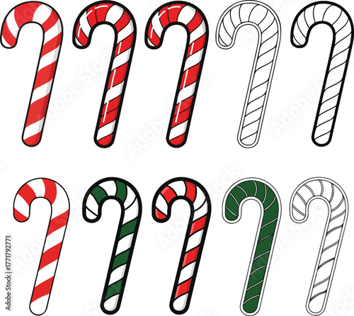 outline style icon set candy cane cartoon flat vector illustration. eps