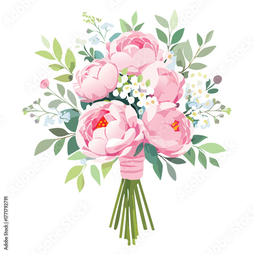 A vintage floral illustration of a bouquet of pink roses and peony blossoms with green leaf accents designed as a nature pattern for a spring wallpaper or card