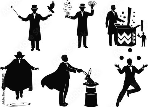 Magician silhouettes performing classic tricks, black-and-white illustration, stage magic poses, illusion art, rabbit hat, levitation, juggling, card manipulation