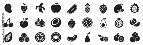Food fruits glyph icon set. Vector pictograms of banana, strawberry, pineapple, watermelon, grapes, mango, blueberries, peach, cherry, lemon, avocado, pear, black sign silhouette. vector eps file.