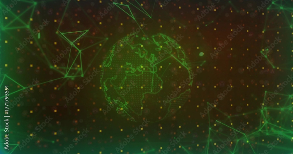 Fototapeta premium Spinning wireframe Earth globe in cyberspace grid with floating yellow pixels and green connections