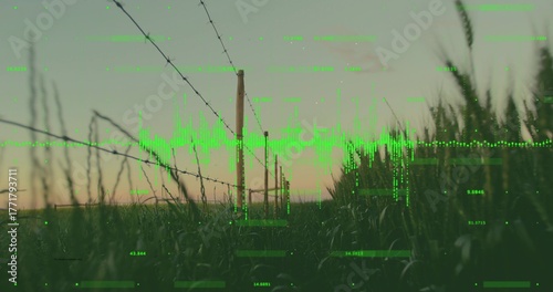 Projecting neon green waveform overlay onto wooden fence post in tall grassland, with barbed wire