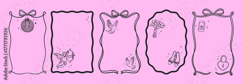 Romantic wedding frame set with hand drawn ribbon, bow and bold line. Doodle vector bachelorette party element. Cupid, doves, bouquet, heart lock, ring for Valentine cards, bridal invitations.